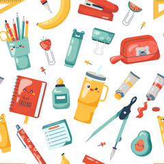 Vector seamless pattern with school supplies elements on transparent background. Children's design for baby prints, covers, wallpapers, wrapping paper, scrapbooking. Kawaii style
