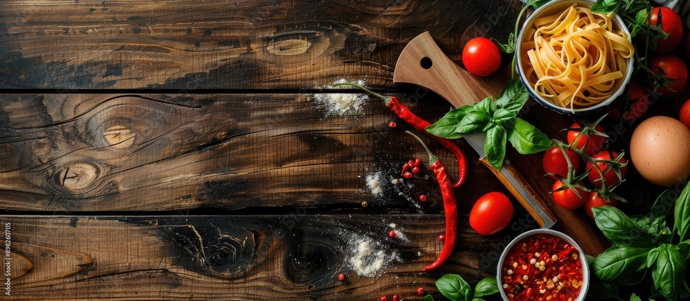 Poster composition of textures featuring fresh ingredients like cherry tomatoes chili peppers and egg pasta