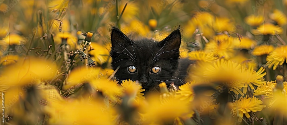 Poster a black kitten with fluffy fur is concealed amidst vivid yellow dandelions in a horizontal banner st
