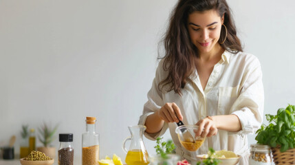 Woman measuring ingredients for a homemade salad dressing in kitchen