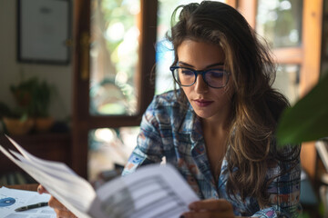 Woman reviews financial reports at home office
