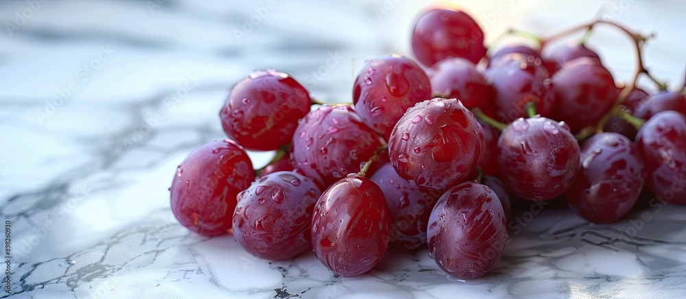 Poster A close up shot of fresh red grapes arranged on a marble table with selective focus creating a visually appealing copy space image