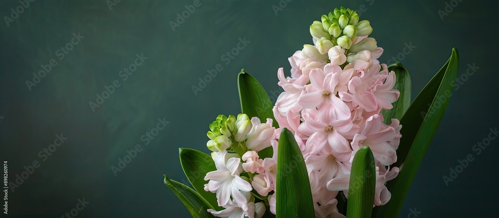 Poster a close up view of a delicate pastel pink hyacinth with green leaves and flower buds known as hyacin