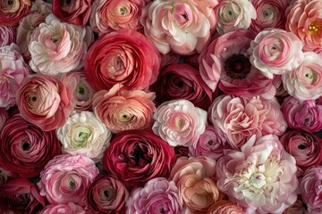 Ranunculus in various shades of pink, An abundance of pink and red flowers creating a colorful scene, AI generated