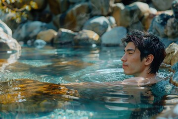 Fototapeta premium Serene Man Relaxing in Spring Teal Hot Spring - Stress Relief and Wellness Activity