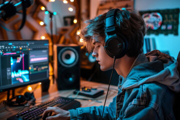 Young man recording podcast episode in home studio at night
