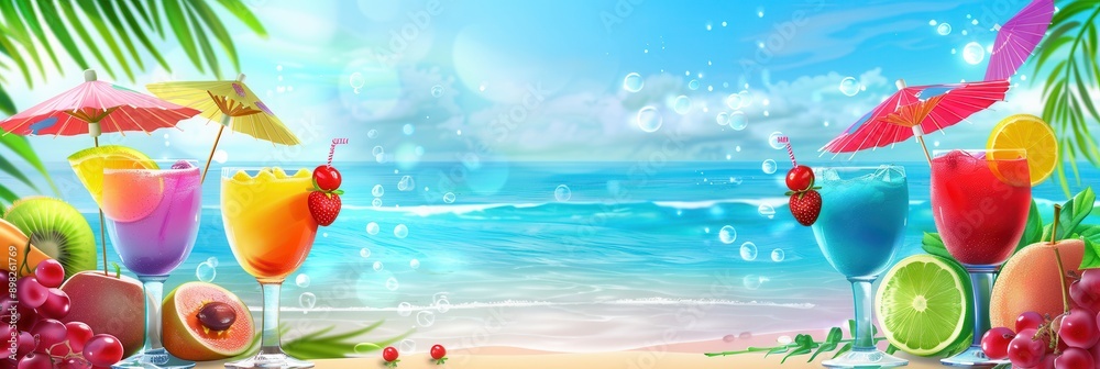 Poster four colorful cocktails garnished with fruit and mini umbrellas sit on a sandy beach with a clear oc