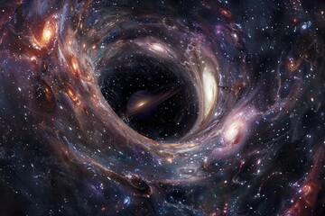 Obraz premium Celestial Mirror. A shimmering, swirling cosmic frame filled with stars, planets, and galaxies. At its center, a blank, deep black space represents the vastness of the universe.