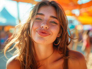 Fototapeta premium Girl blows a kiss to camera at a festival resembling