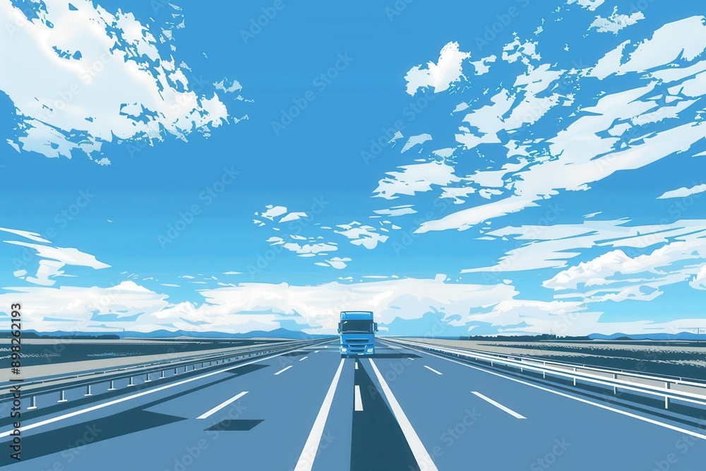 Aufkleber a blue semi-truck drives down a highway with white lane markings on a sunny day. the horizon extends