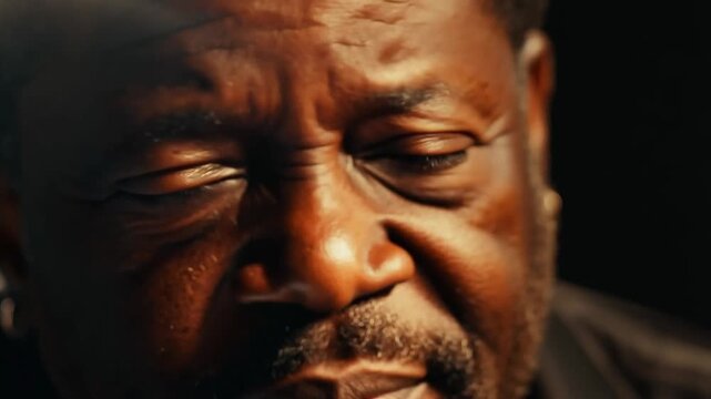 Close-up of a pensive old black man with closed eyes, illuminated by dim light, capturing a moment of deep contemplation.
