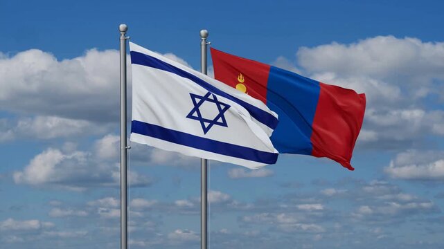 Mongolia and Israel flags flying together, video concept of the relationship, two country cooperation concept