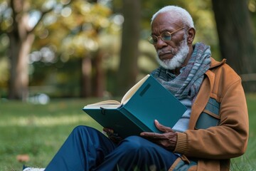 Serene Senior Man Journaling in Park for Reflective Mental Health Practice, Wearing Matte Teal Attire