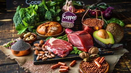 Products contain copper on the table. Selective focus.