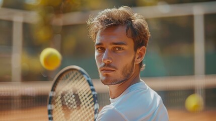  A man positions himself on a tennis court, holding a racquet in readiness before a stationary ball