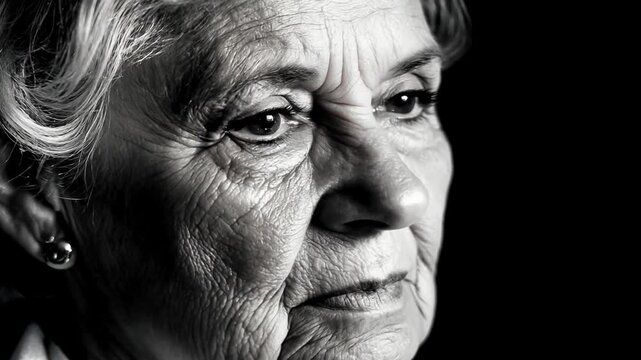 Black and white close-up portrait of an elderly woman with a reflective expression, showcasing her wrinkles and the wisdom in her eyes.
