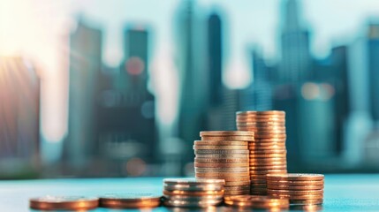 Coins stacked in front of grand financial institutions, symbolizing robust financing systems