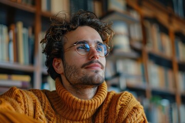 Fototapeta premium Portrait of a Man Engaged in Mental Health Activity, Learning New Language in Stylish Pistachio Clothing