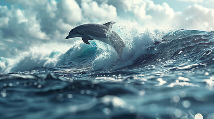 Obraz premium A beautiful dolphin jumped from a sea wave. Stunning dolphin jump against the backdrop of beautiful waves and amazing clouds. Background for design.
