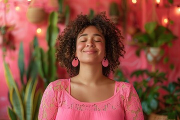 Empowering Self-Compassion: Woman in Hot Pink Practicing Mental Health Exercises