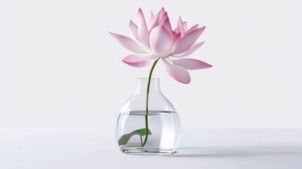   A pink flower sits in a clear vase filled with water and a green leaf on its stem