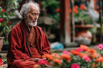 Fototapeta premium Spring Serenity: Man Engaging in Zen Gardening for Mental Well-being in Red Attire