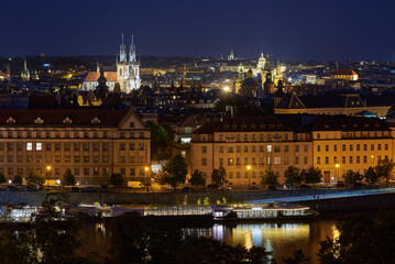 Aerial cityscape evening view of Prague, capital of Czech Republic, view from Letna park