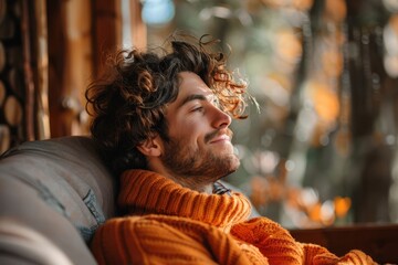 Obraz premium Disconnect to Reconnect: Relaxed Man Embracing Digital Detox Weekend, Finding Stress Relief in Lucky Orange Attire