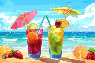 Two refreshing cocktails with colorful fruits and straws sit on a sandy beach with umbrellas. The ocean waves and bright blue sky create a cheerful summer scene. Generative AI