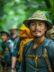 Fototapeta premium Happy man portrait and his friends with backpack for hiking