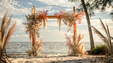 Coastal-inspired wedding arch with coral and sea grass 