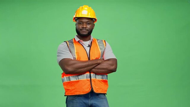 Confident Black construction worker in safety gear posing with arms crossed against a green background.
