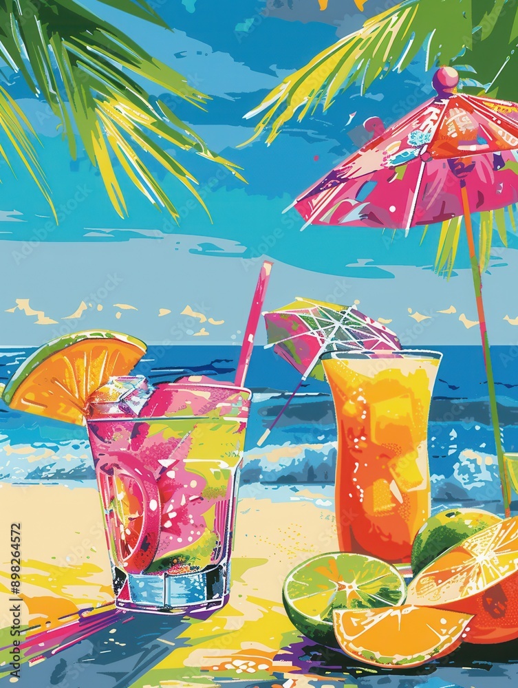 Poster two colorful cocktails garnished with fruit and an umbrella sit on a sandy beach under a palm tree a