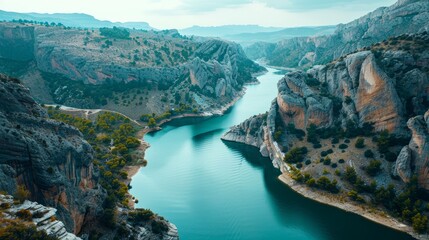  A valley's center holds a lake, encircled by mountains, with tree-lined shores