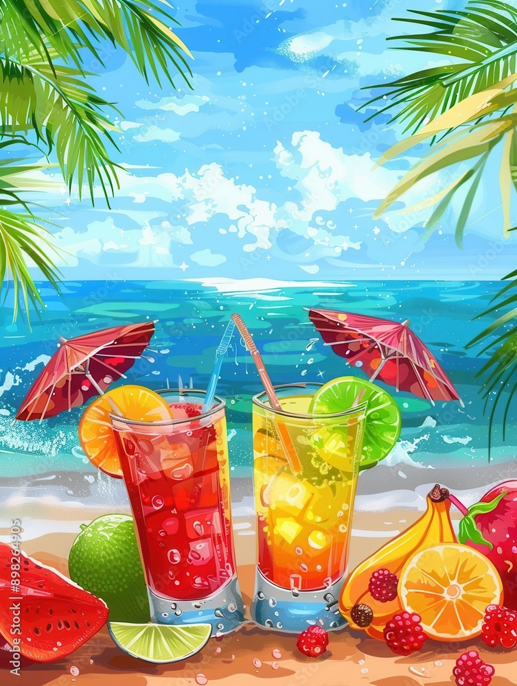 Poster two colorful cocktails garnished with fruits and umbrellas sit on the sand of a tropical beach. the 