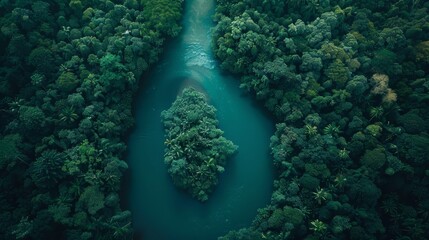  A bird's-eye perspective of a river threading through a forest, featuring a boat in its midstream