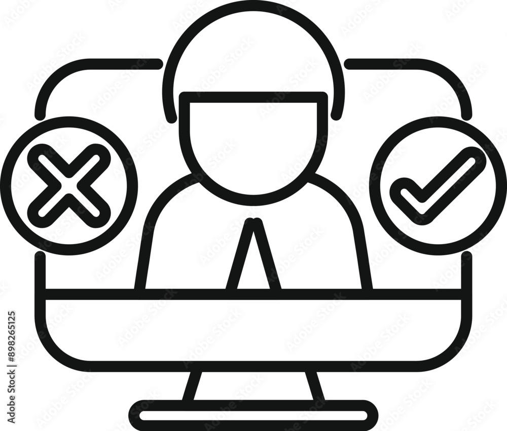 Poster line drawing of customer service representative deciding between checkmark and crossmark icons on co