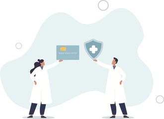 Health insurance.Doctor offering medical insurance policy contract..Patient holding insurance ID card.flat design.illustration with people.
