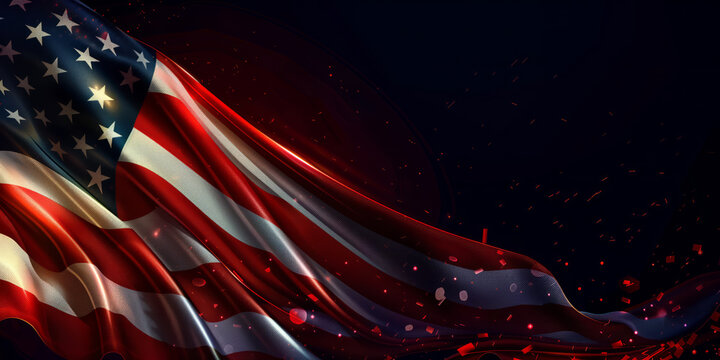 A waiving American flag isolated on a dark background.