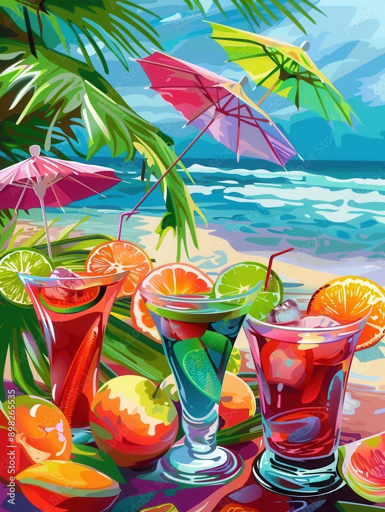 Poster three colorful cocktails are garnished with fruit and sit on a beach under palm trees and umbrellas.