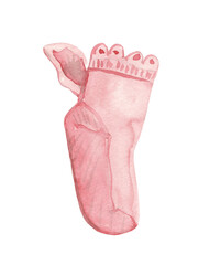 A watercolor illustration of a single pink baby sock with delicate lace-like details at the top. This charming and soft design is ideal for baby-related products, 