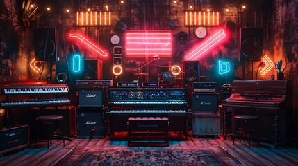 A vintage music studio with neon lights and musical instruments.