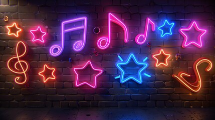 Neon signs of musical notes and stars on a brick wall.