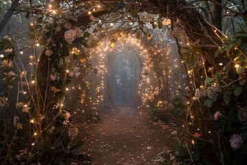 Obraz premium A frame made of intricate branches and vines, adorned with glowing fairy lights and delicate flowers, leading into a clear, mystical portal-like opening surrounded by a soft, ethereal glow. 