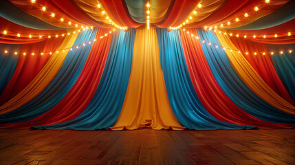 Colorful circus tent cloth background with chandelier lights.