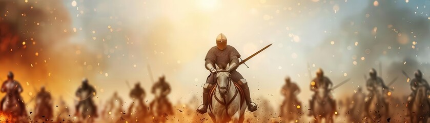 Fototapeta premium Epic medieval battle scene with knights on horseback charging forward in dramatic lighting and smoky background.