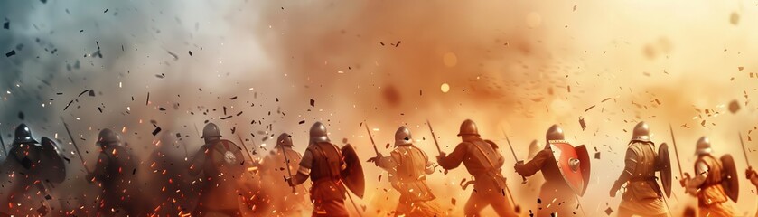Naklejka premium Epic medieval battle scene with soldiers in armor and shields, cloaked in smoke and fire, depicting dramatic and historic warfare.
