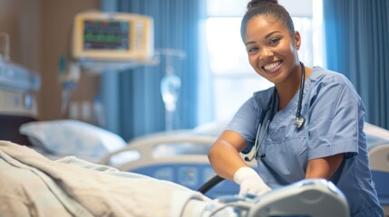 Obraz premium A female hospital cleaner cleans the patient's bed.