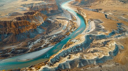 Fototapeta premium A bird's-eye perspective of a desert river winding amongst a mountain range, with a valley in the foreground