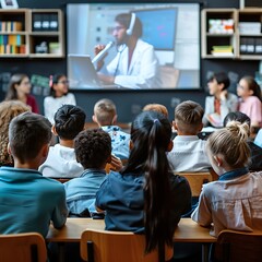 Rear view,class of pupils sitting, listening to teacher and wathing online lecture with doctor in classroom
